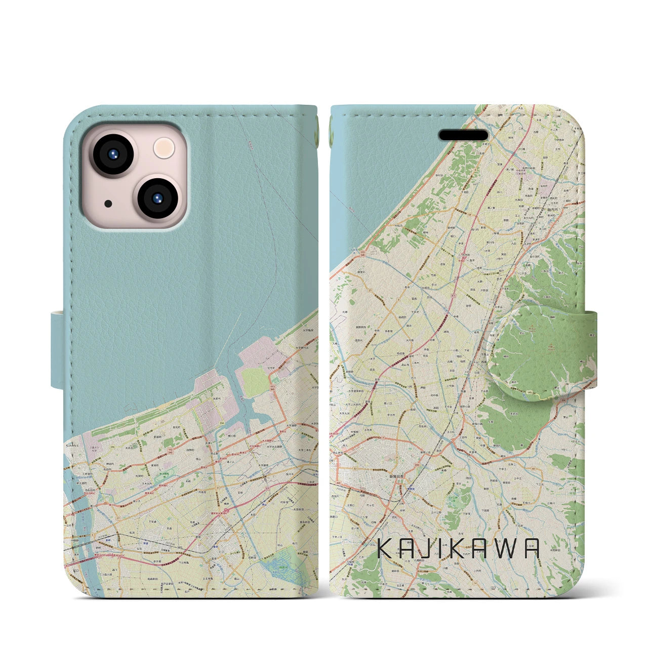 【加治川(新潟県)】地図柄iPhoneケース(手帳タイプ)ナチュラル・iPhone 13 mini 用