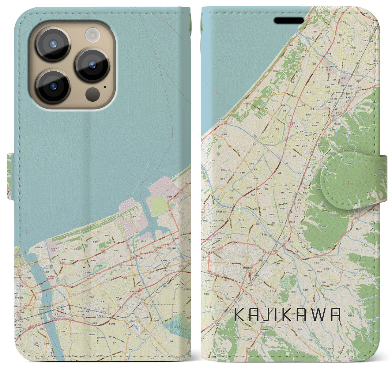 【加治川(新潟県)】地図柄iPhoneケース(手帳タイプ)ナチュラル・iPhone 14 Pro Max 用