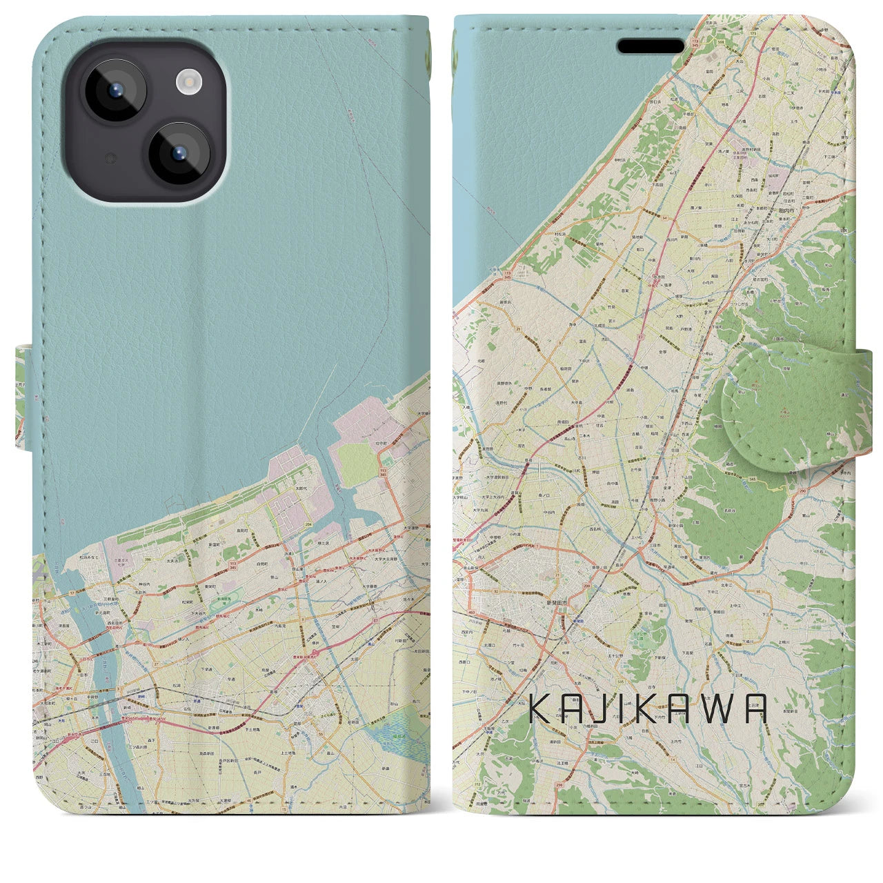 【加治川(新潟県)】地図柄iPhoneケース(手帳タイプ)ナチュラル・iPhone 14 Plus 用