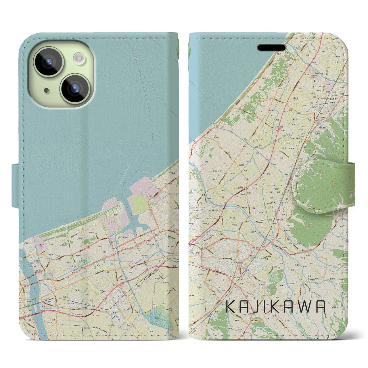 【加治川(新潟県)】地図柄iPhoneケース(手帳タイプ)ナチュラル・iPhone 15 用