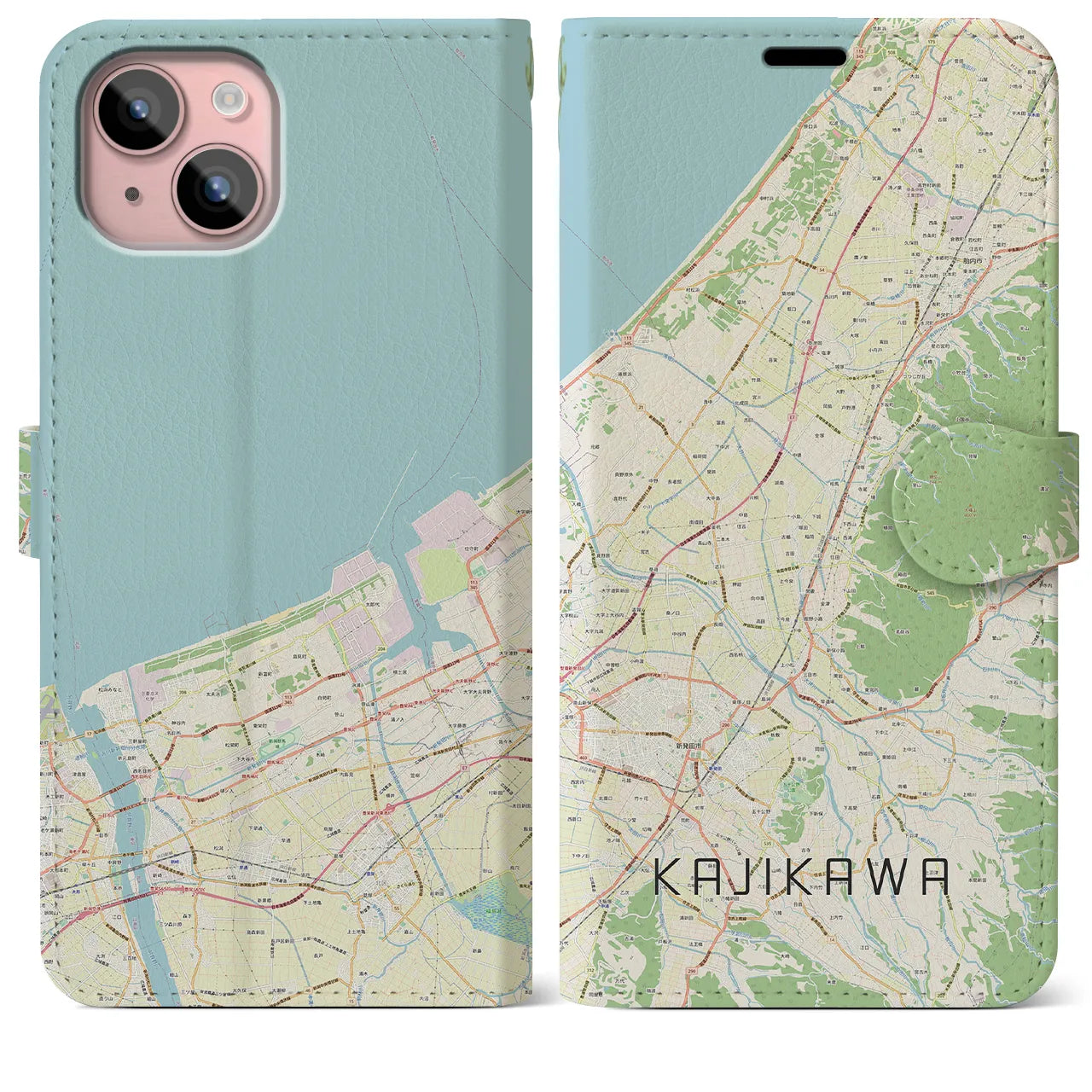 【加治川(新潟県)】地図柄iPhoneケース(手帳タイプ)ナチュラル・iPhone 15 Plus 用