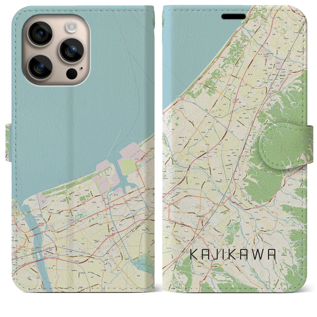 【加治川(新潟県)】地図柄iPhoneケース(手帳タイプ)ナチュラル・iPhone 16 Plus 用