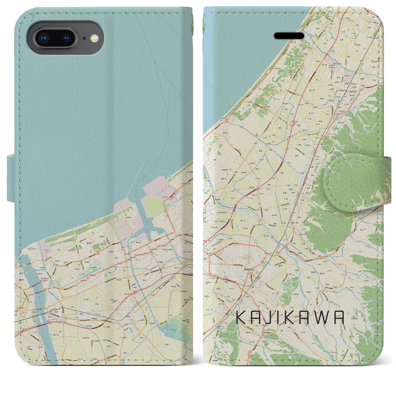 【加治川(新潟県)】地図柄iPhoneケース(手帳タイプ)ナチュラル・iPhone 8Plus /7Plus / 6sPlus / 6Plus 用