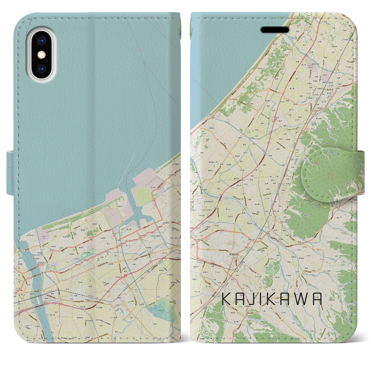 【加治川(新潟県)】地図柄iPhoneケース(手帳タイプ)ナチュラル・iPhone XS Max 用