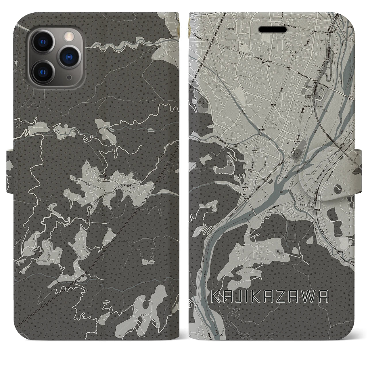 【鰍沢(山梨県)】地図柄iPhoneケース(手帳タイプ)モノトーン・iPhone 11 Pro Max 用