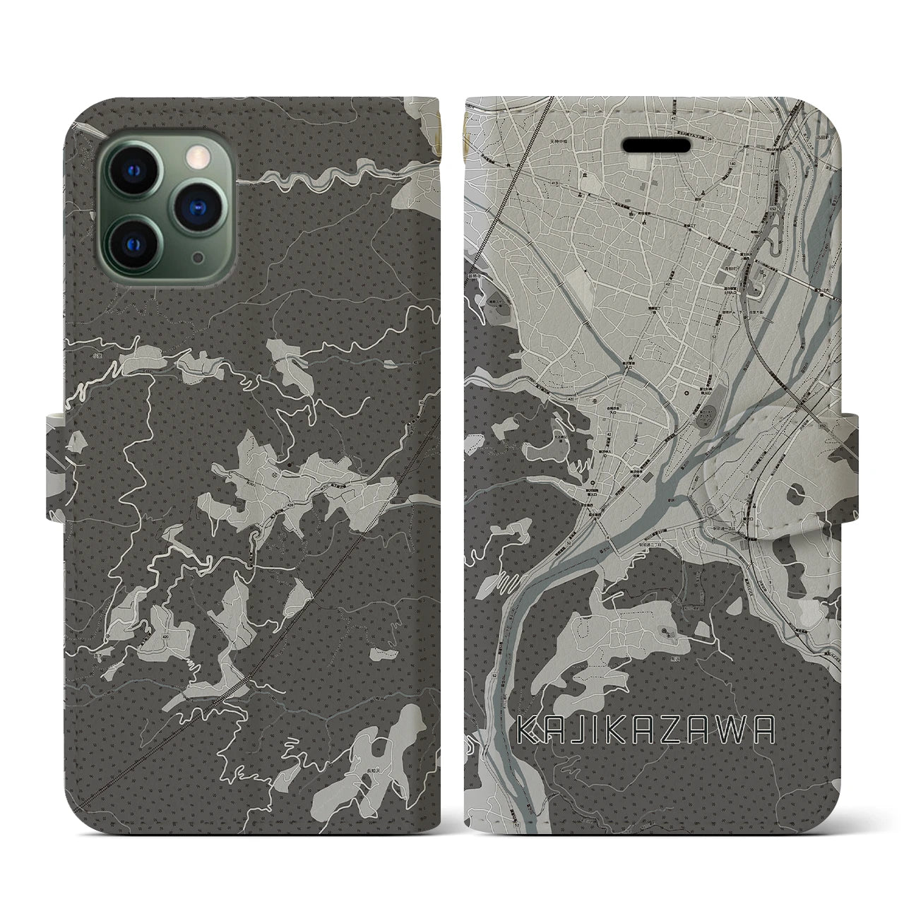 【鰍沢(山梨県)】地図柄iPhoneケース(手帳タイプ)モノトーン・iPhone 11 Pro 用
