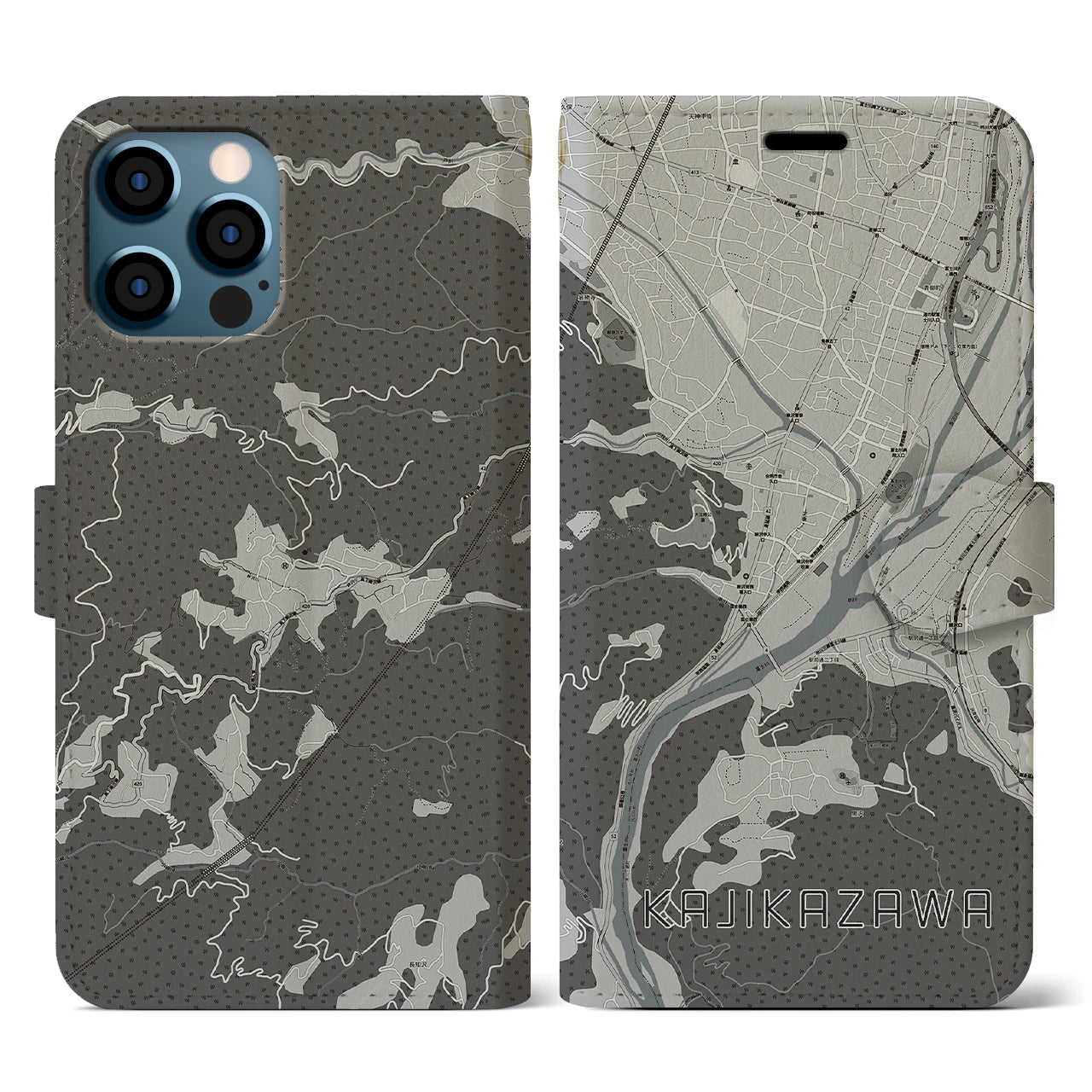 【鰍沢(山梨県)】地図柄iPhoneケース(手帳タイプ)モノトーン・iPhone 12 / 12 Pro 用