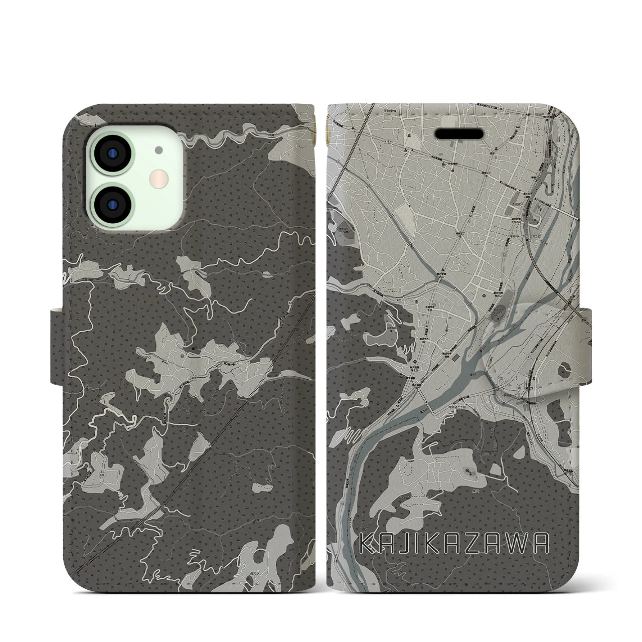 【鰍沢(山梨県)】地図柄iPhoneケース(手帳タイプ)モノトーン・iPhone 12 mini 用