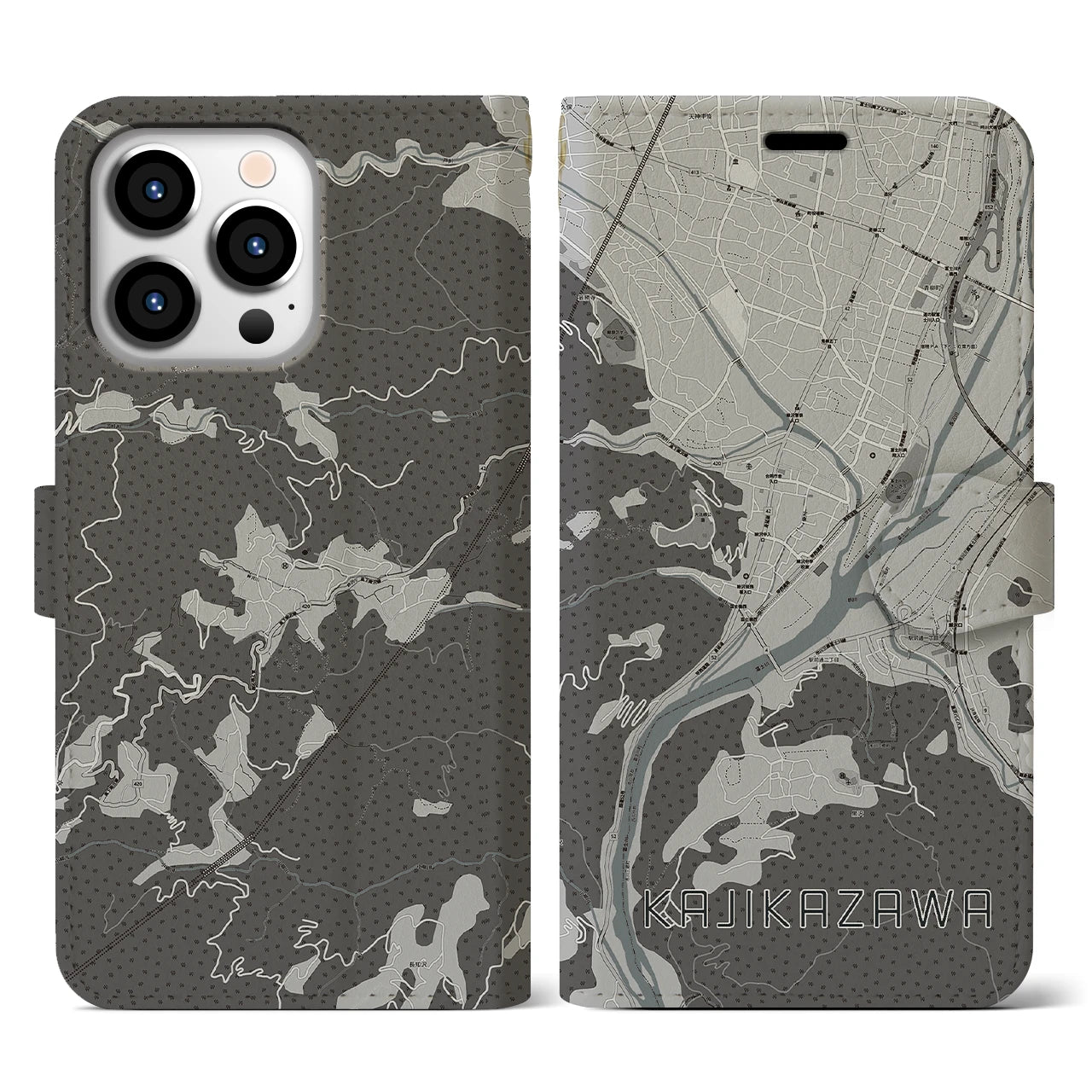 【鰍沢(山梨県)】地図柄iPhoneケース(手帳タイプ)モノトーン・iPhone 13 Pro 用