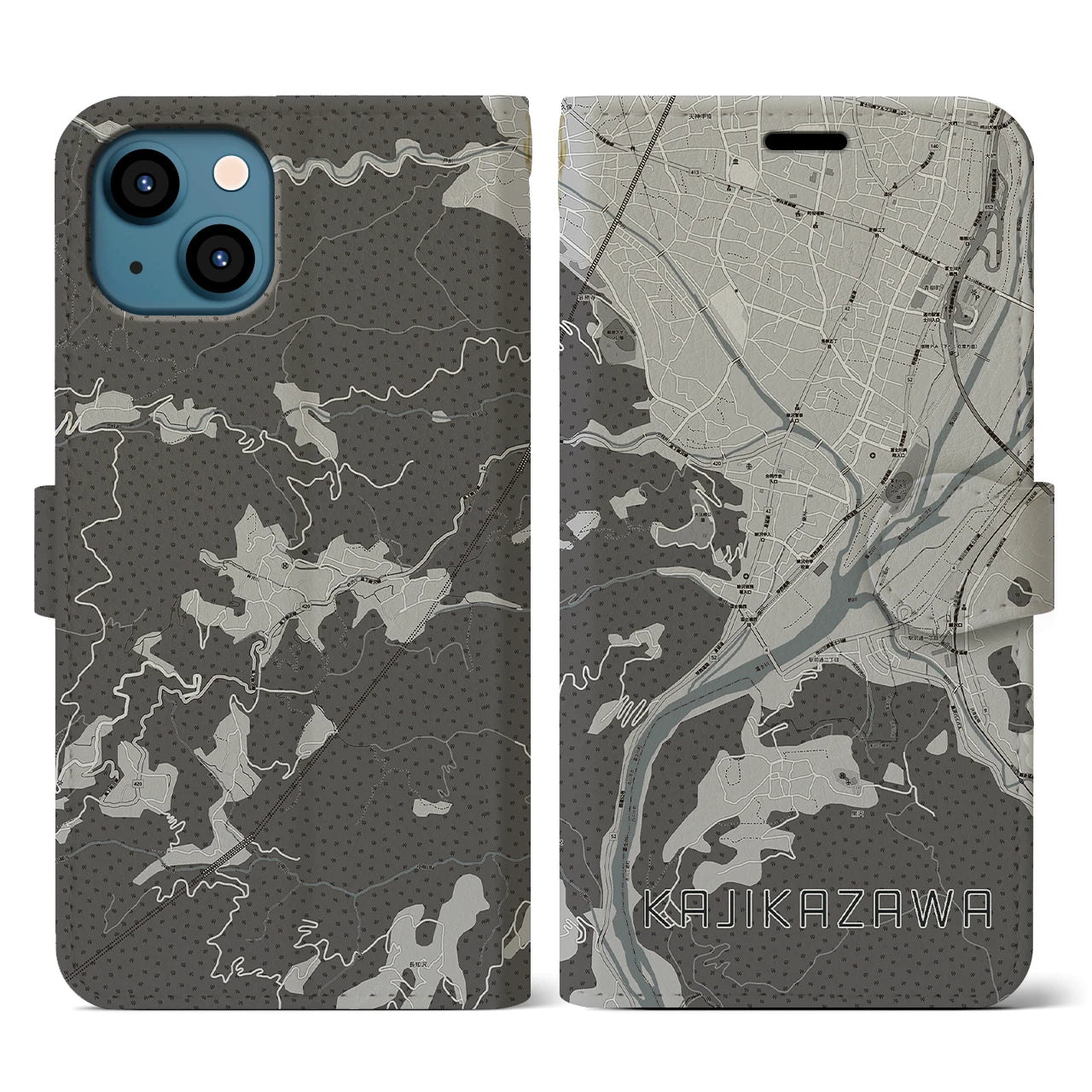 【鰍沢(山梨県)】地図柄iPhoneケース(手帳タイプ)モノトーン・iPhone 13 用