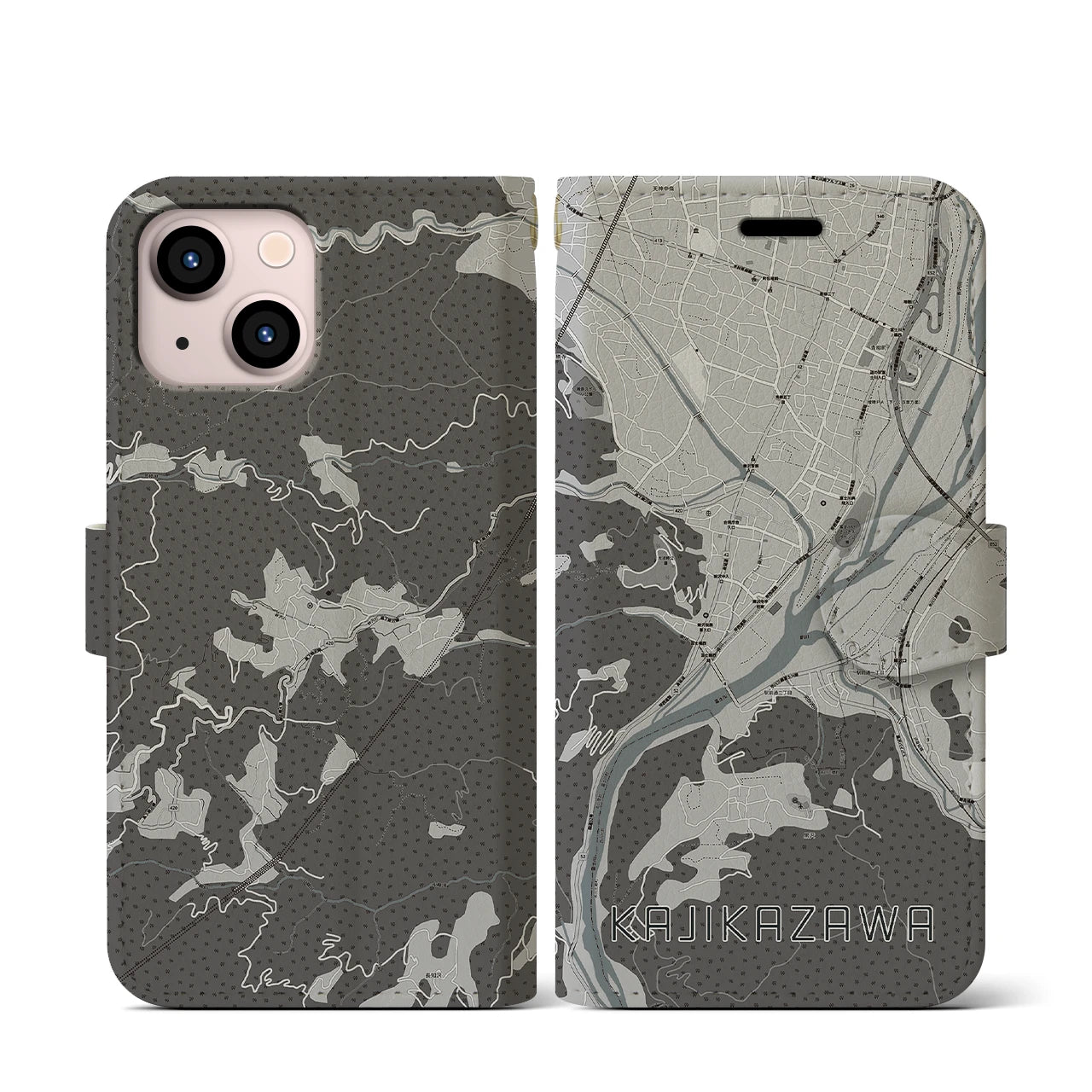 【鰍沢(山梨県)】地図柄iPhoneケース(手帳タイプ)モノトーン・iPhone 13 mini 用