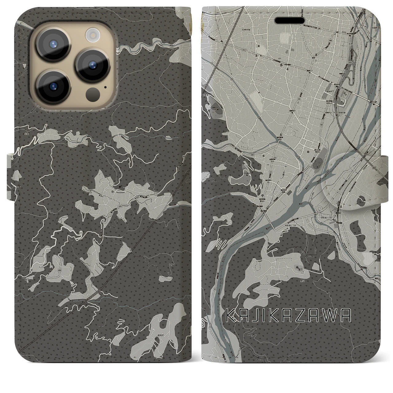 【鰍沢(山梨県)】地図柄iPhoneケース(手帳タイプ)モノトーン・iPhone 14 Pro Max 用