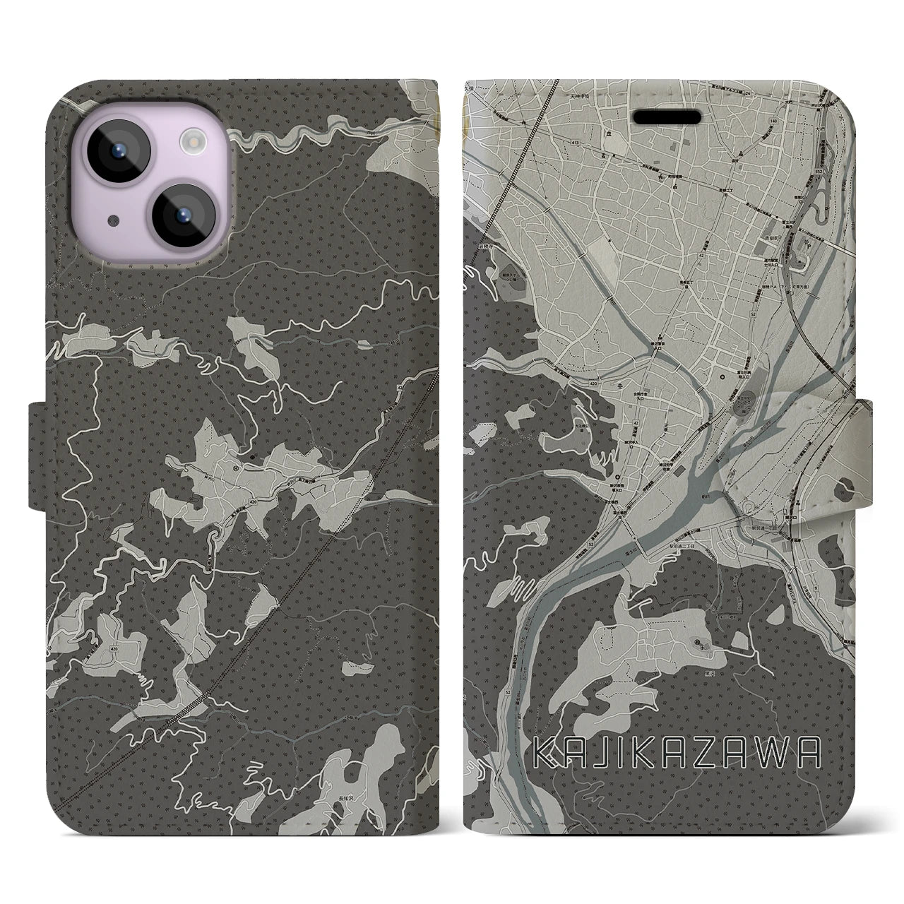 【鰍沢(山梨県)】地図柄iPhoneケース(手帳タイプ)モノトーン・iPhone 14 用