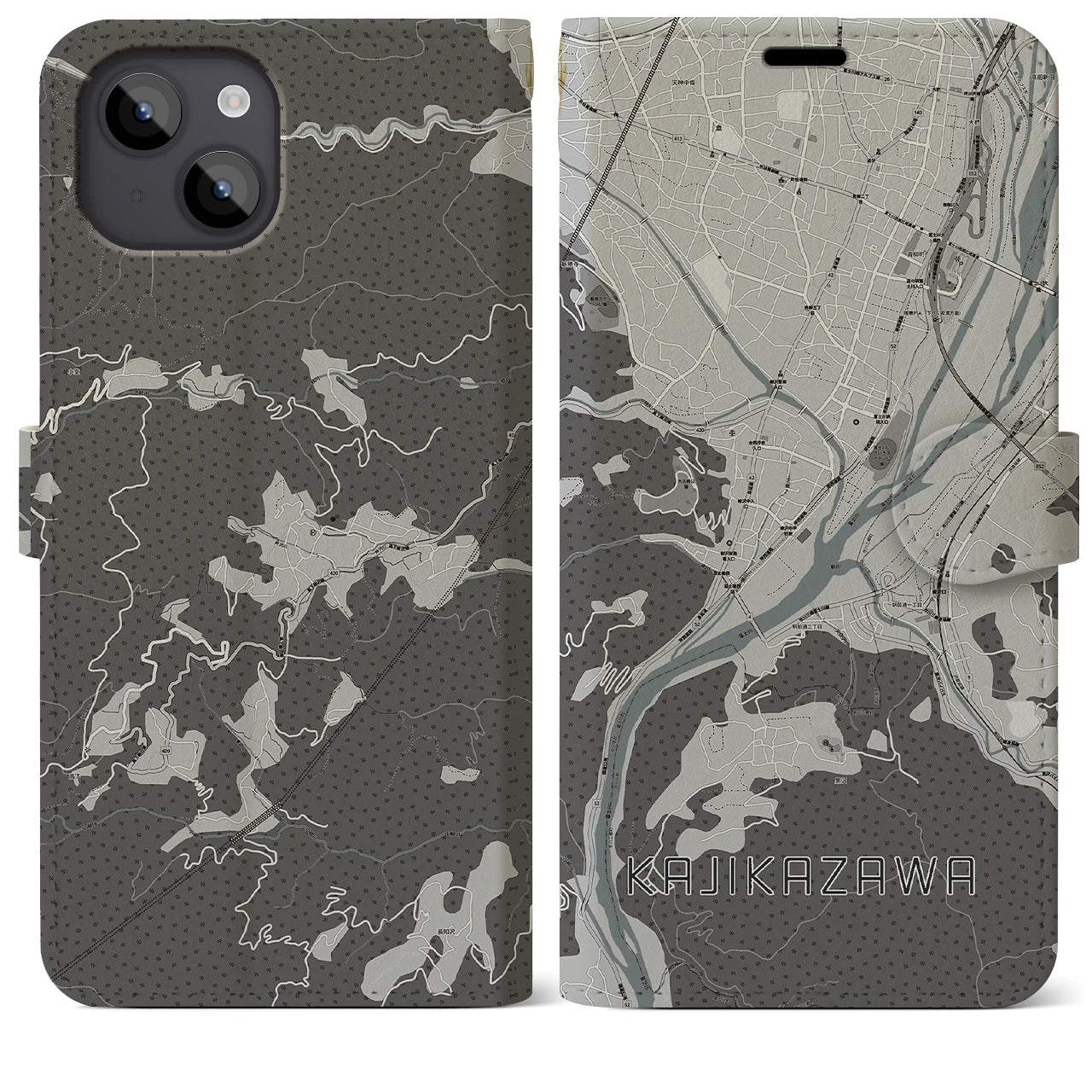 【鰍沢(山梨県)】地図柄iPhoneケース(手帳タイプ)モノトーン・iPhone 14 Plus 用