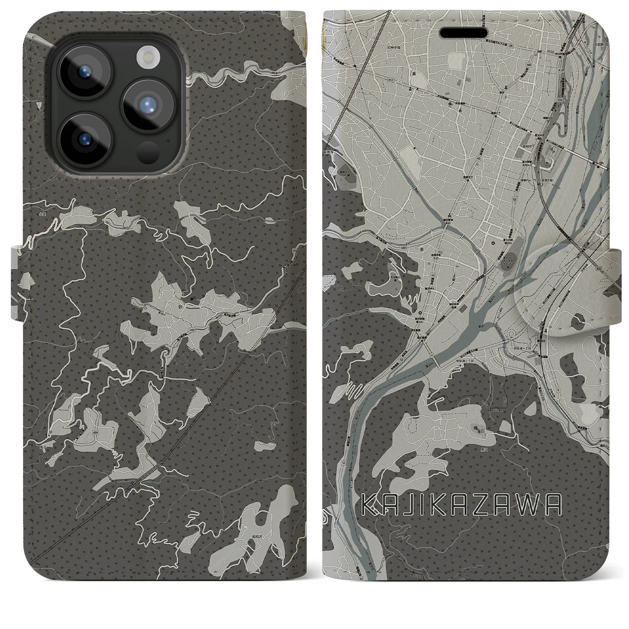 【鰍沢(山梨県)】地図柄iPhoneケース(手帳タイプ)モノトーン・iPhone 15 Pro Max 用