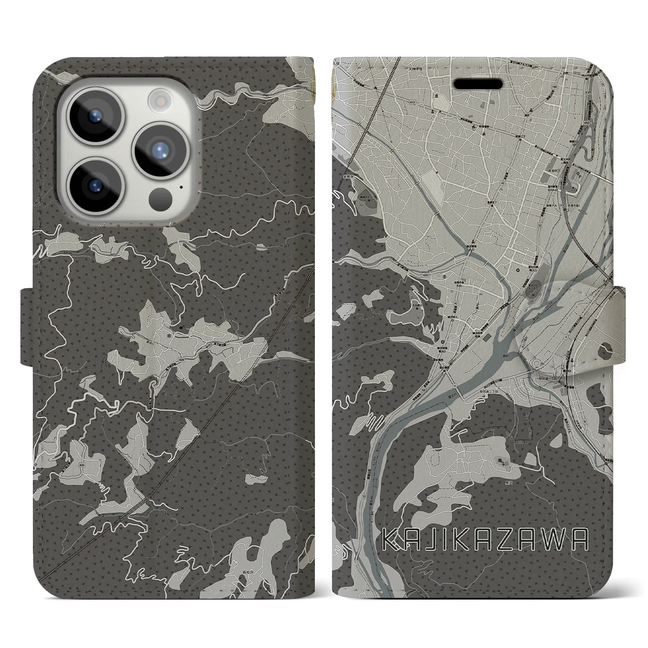 【鰍沢(山梨県)】地図柄iPhoneケース(手帳タイプ)モノトーン・iPhone 15 Pro 用