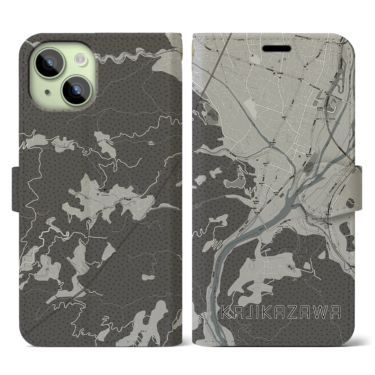 【鰍沢(山梨県)】地図柄iPhoneケース(手帳タイプ)モノトーン・iPhone 15 用