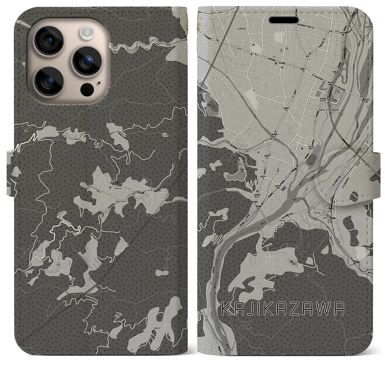 【鰍沢(山梨県)】地図柄iPhoneケース(手帳タイプ)モノトーン・iPhone 16 Plus 用