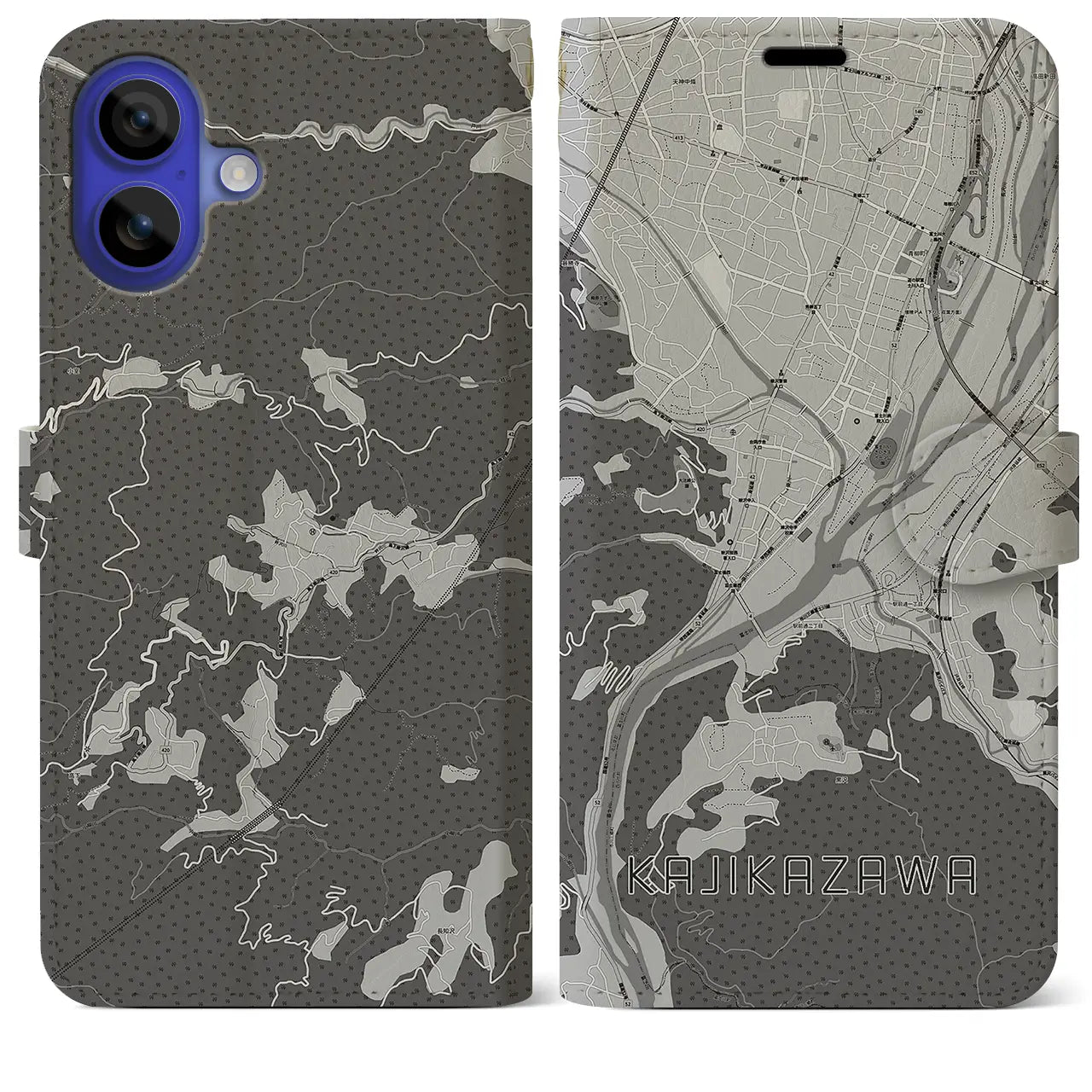 【鰍沢(山梨県)】地図柄iPhoneケース(手帳タイプ)モノトーン・iPhone 16 Pro Max 用