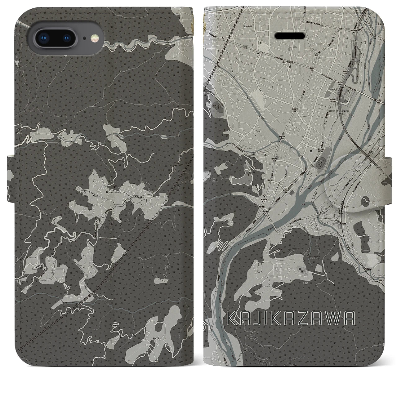 【鰍沢(山梨県)】地図柄iPhoneケース(手帳タイプ)モノトーン・iPhone 8Plus /7Plus / 6sPlus / 6Plus 用