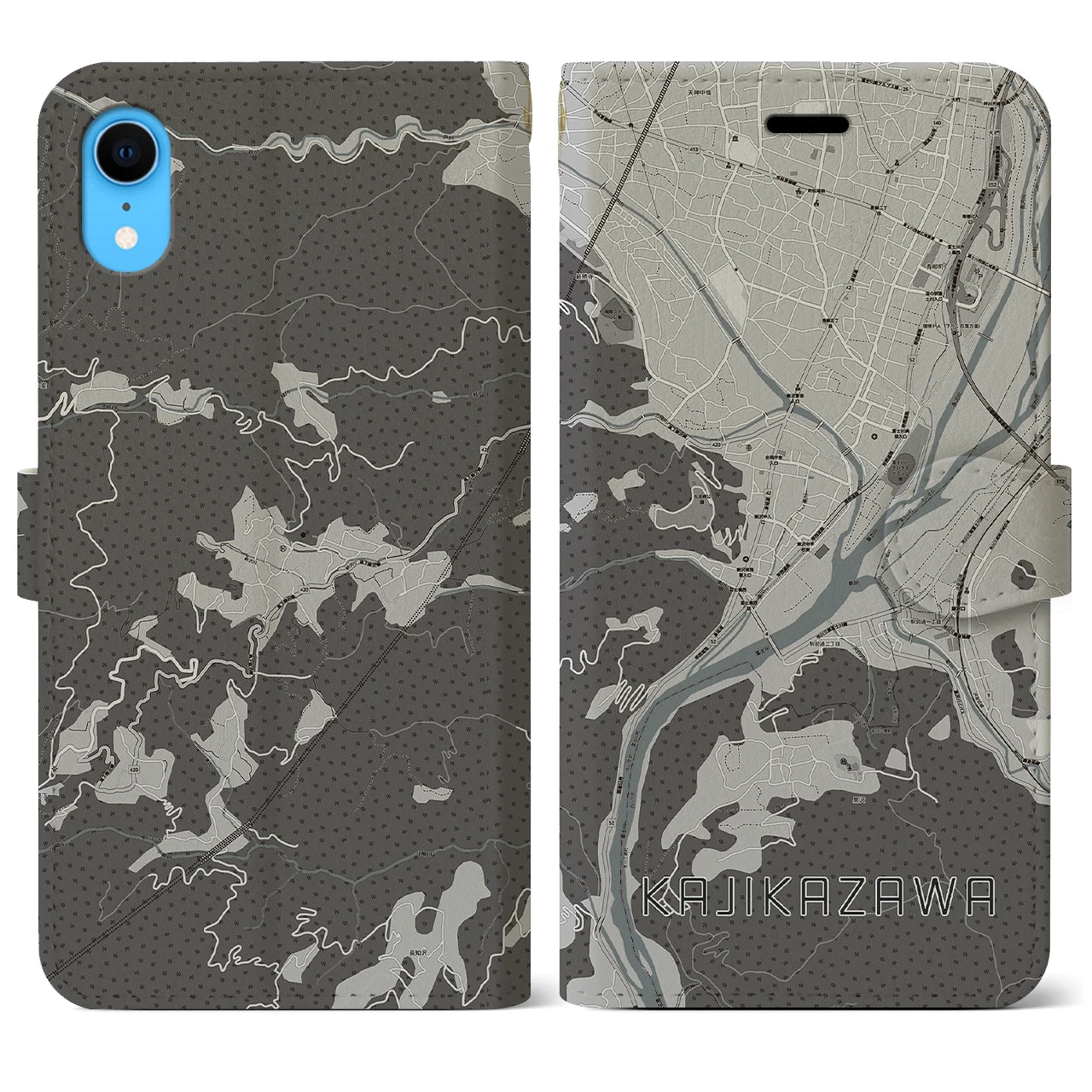 【鰍沢(山梨県)】地図柄iPhoneケース(手帳タイプ)モノトーン・iPhone XR 用