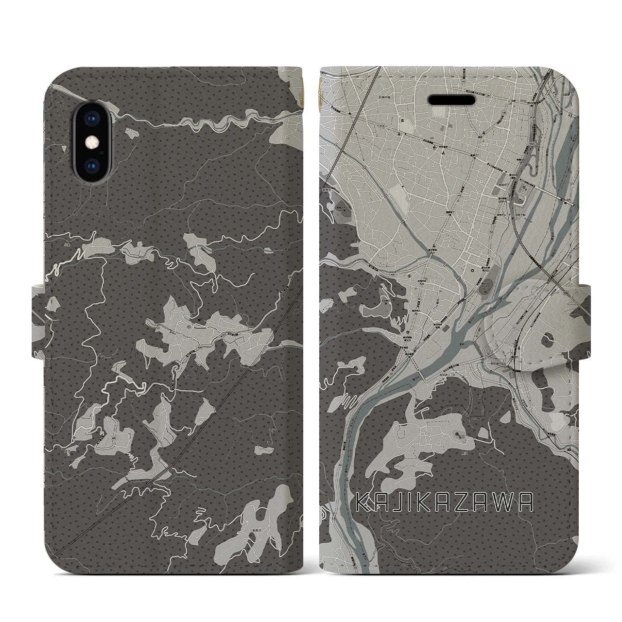 【鰍沢(山梨県)】地図柄iPhoneケース(手帳タイプ)モノトーン・iPhone XS / X 用