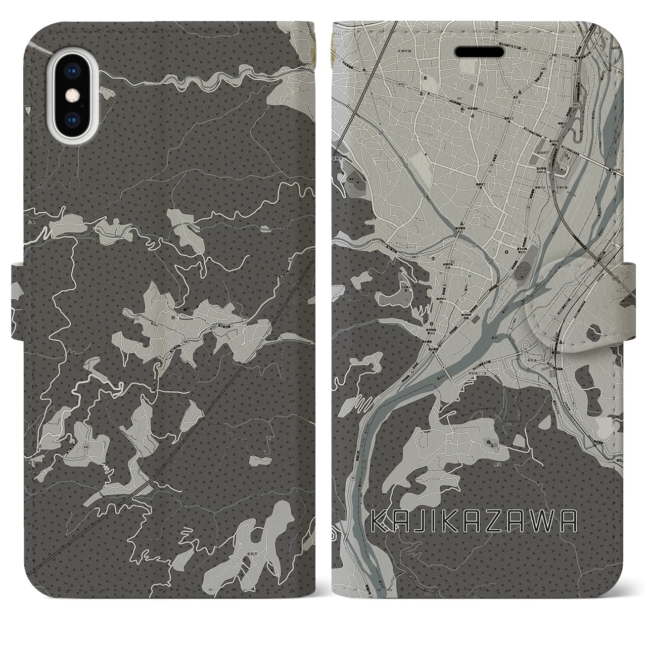 【鰍沢(山梨県)】地図柄iPhoneケース(手帳タイプ)モノトーン・iPhone XS Max 用