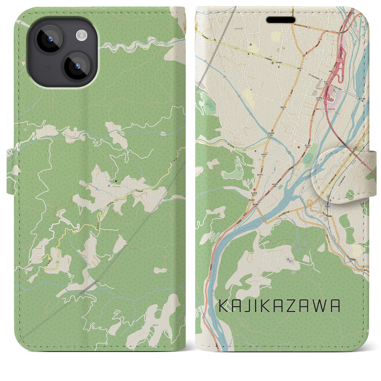 【鰍沢(山梨県)】地図柄iPhoneケース(手帳タイプ)ナチュラル・iPhone 14 Plus 用