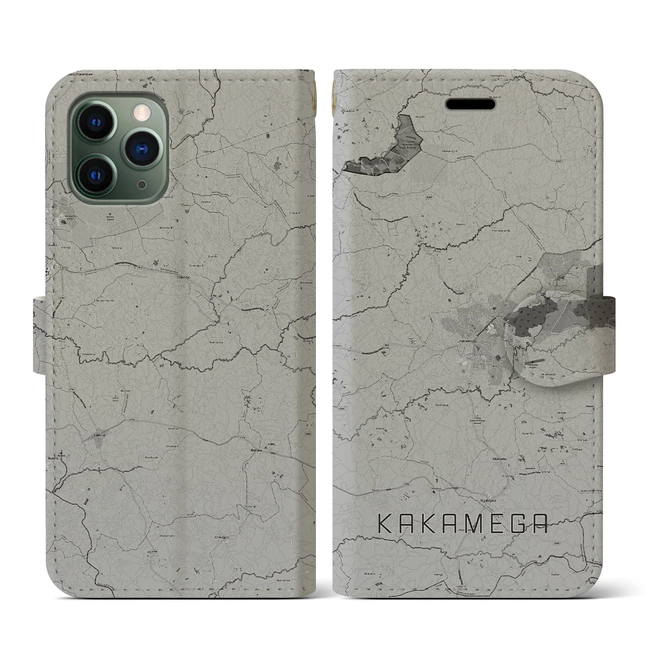 【カカメガ(ケニア)】地図柄iPhoneケース(手帳タイプ)モノトーン・iPhone 11 Pro 用