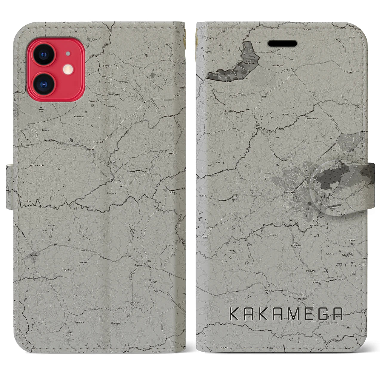 【カカメガ(ケニア)】地図柄iPhoneケース(手帳タイプ)モノトーン・iPhone 11 用