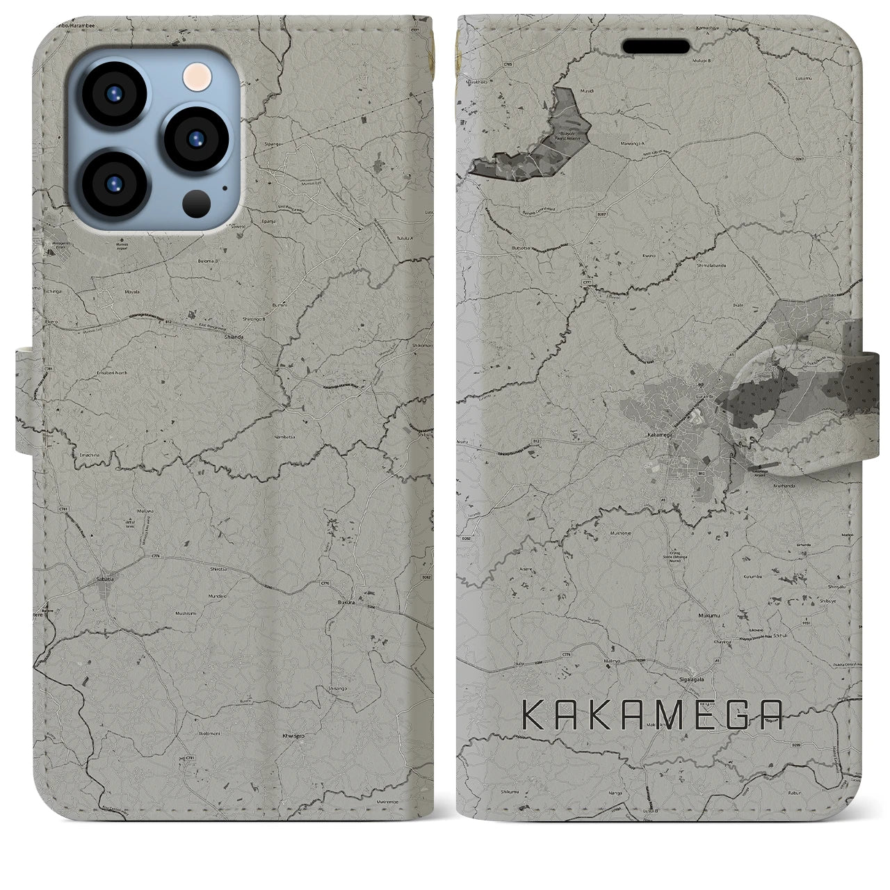 【カカメガ(ケニア)】地図柄iPhoneケース(手帳タイプ)モノトーン・iPhone 13 Pro Max 用