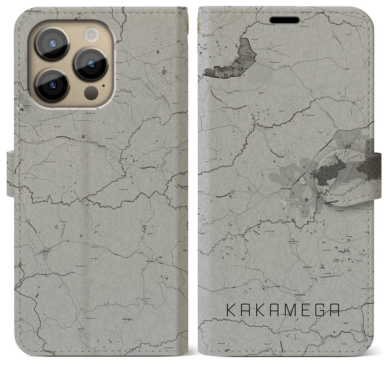 【カカメガ(ケニア)】地図柄iPhoneケース(手帳タイプ)モノトーン・iPhone 14 Pro Max 用