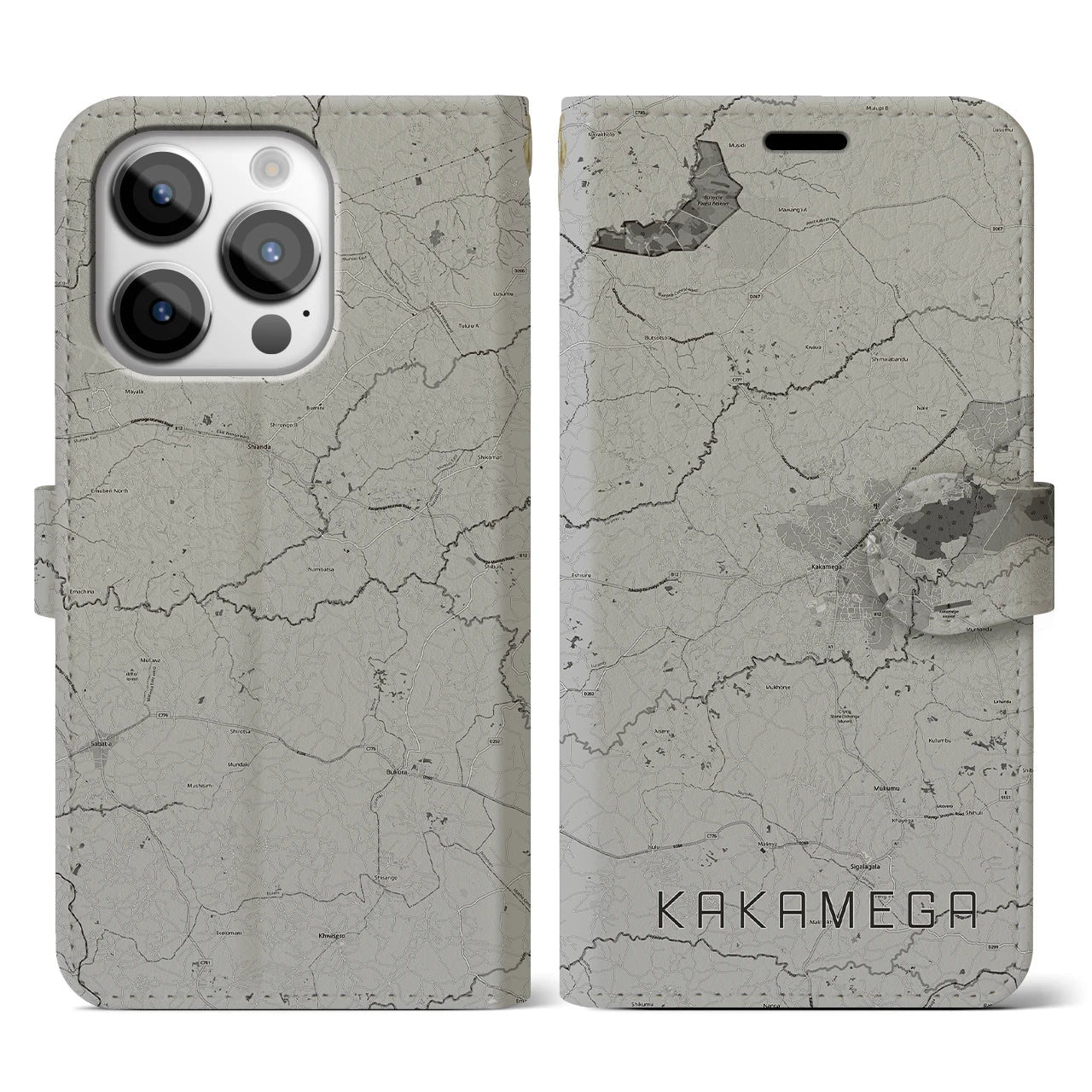 【カカメガ(ケニア)】地図柄iPhoneケース(手帳タイプ)モノトーン・iPhone 14 Pro 用