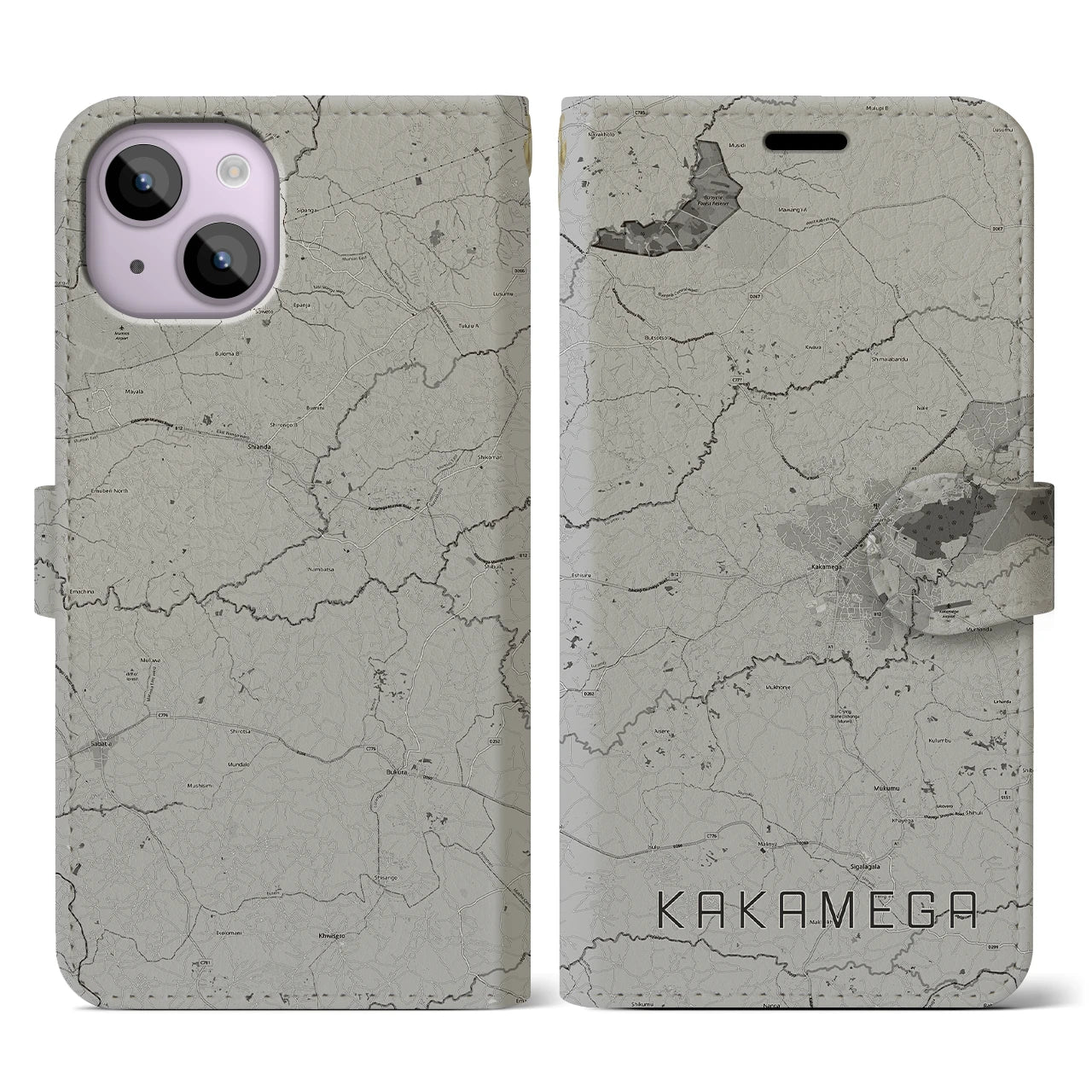 【カカメガ(ケニア)】地図柄iPhoneケース(手帳タイプ)モノトーン・iPhone 14 用