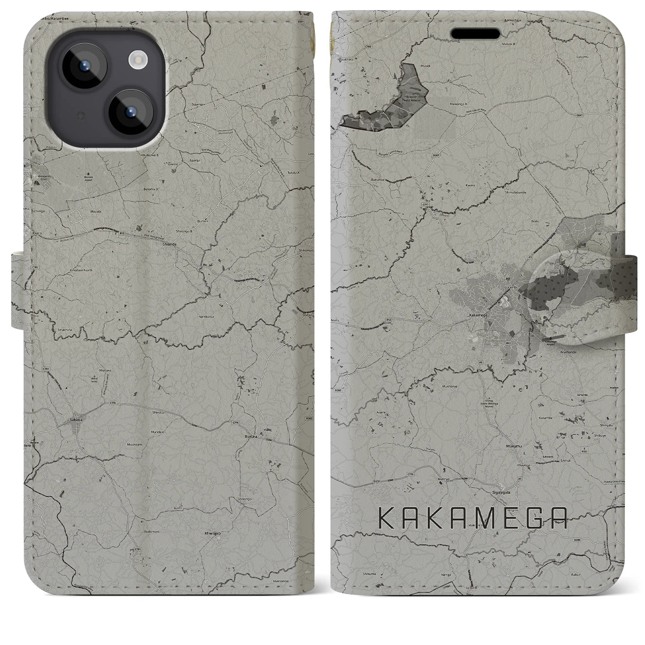 【カカメガ(ケニア)】地図柄iPhoneケース(手帳タイプ)モノトーン・iPhone 14 Plus 用