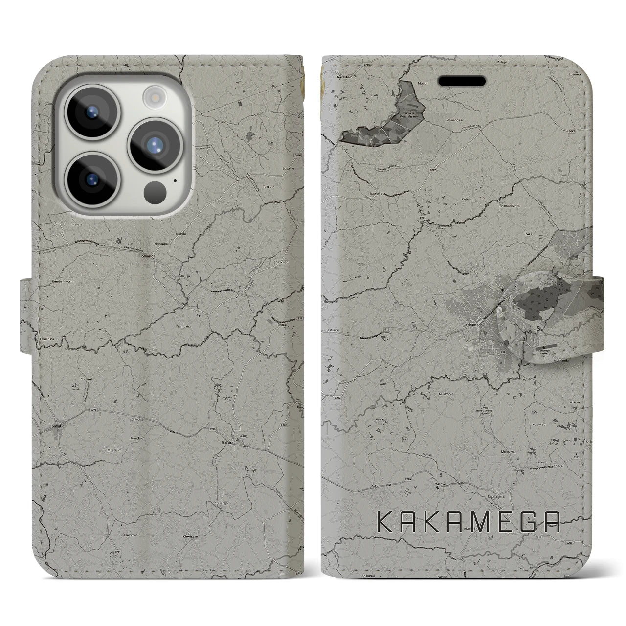 【カカメガ(ケニア)】地図柄iPhoneケース(手帳タイプ)モノトーン・iPhone 15 Pro 用