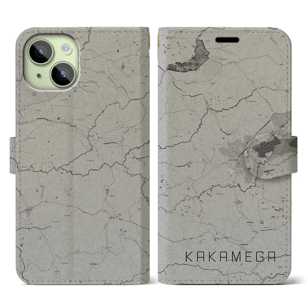 【カカメガ(ケニア)】地図柄iPhoneケース(手帳タイプ)モノトーン・iPhone 15 用