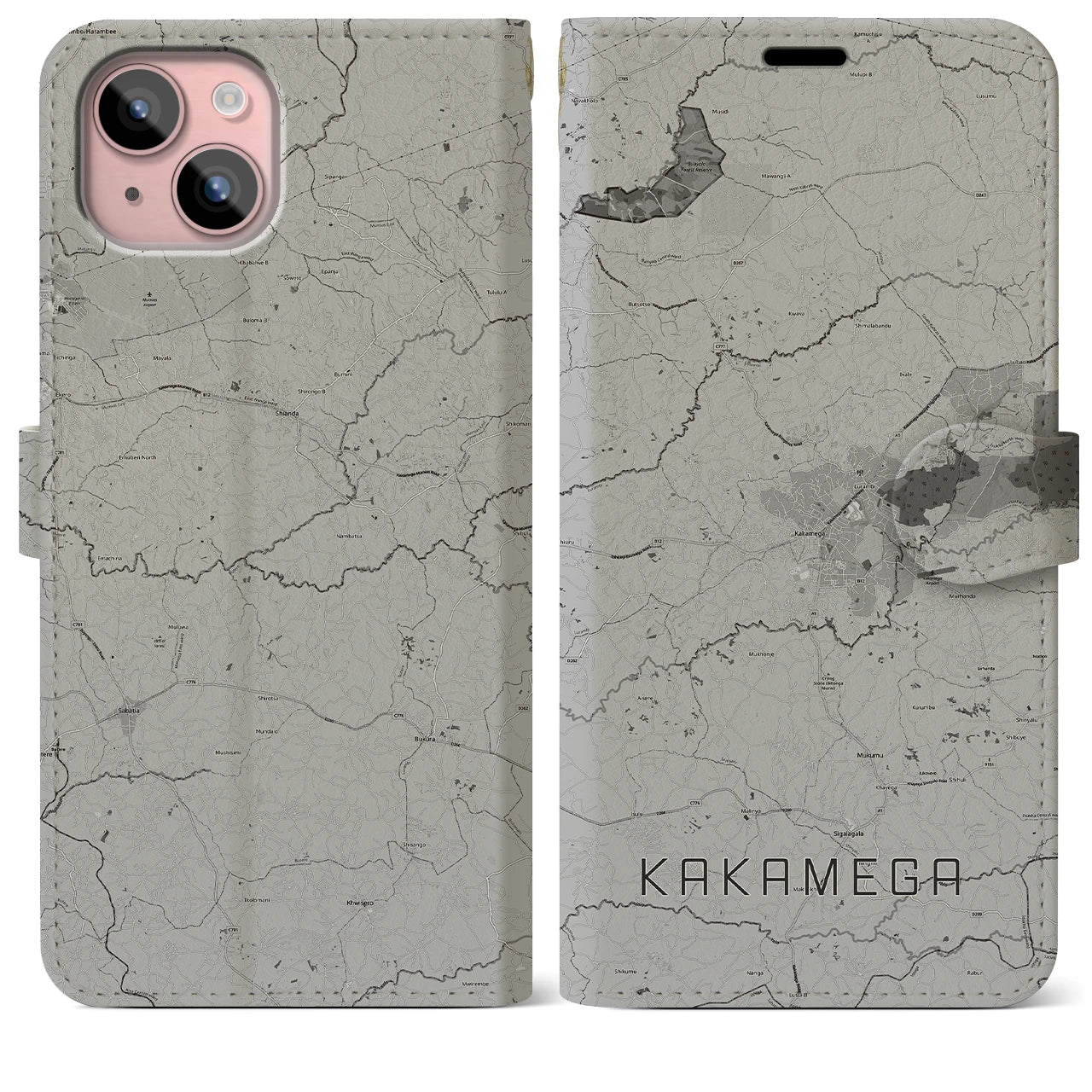 【カカメガ(ケニア)】地図柄iPhoneケース(手帳タイプ)モノトーン・iPhone 15 Plus 用