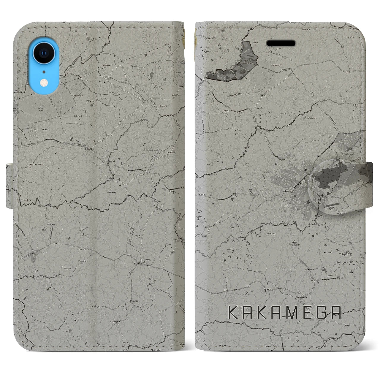 【カカメガ(ケニア)】地図柄iPhoneケース(手帳タイプ)モノトーン・iPhone XR 用