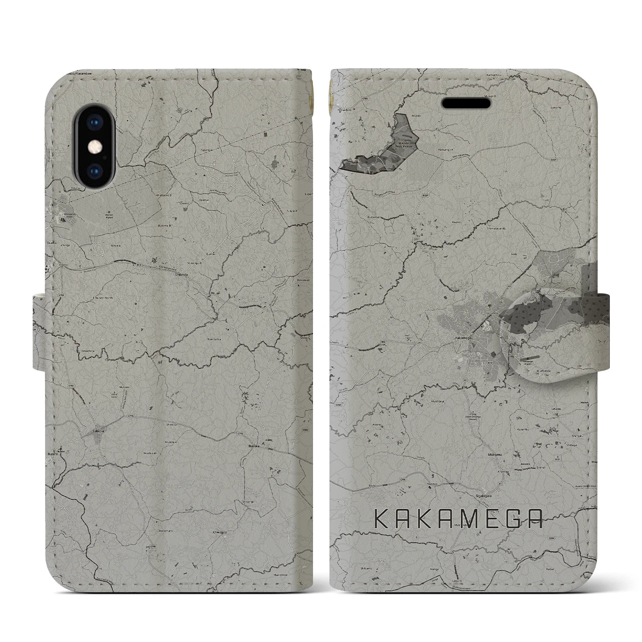 【カカメガ(ケニア)】地図柄iPhoneケース(手帳タイプ)モノトーン・iPhone XS / X 用