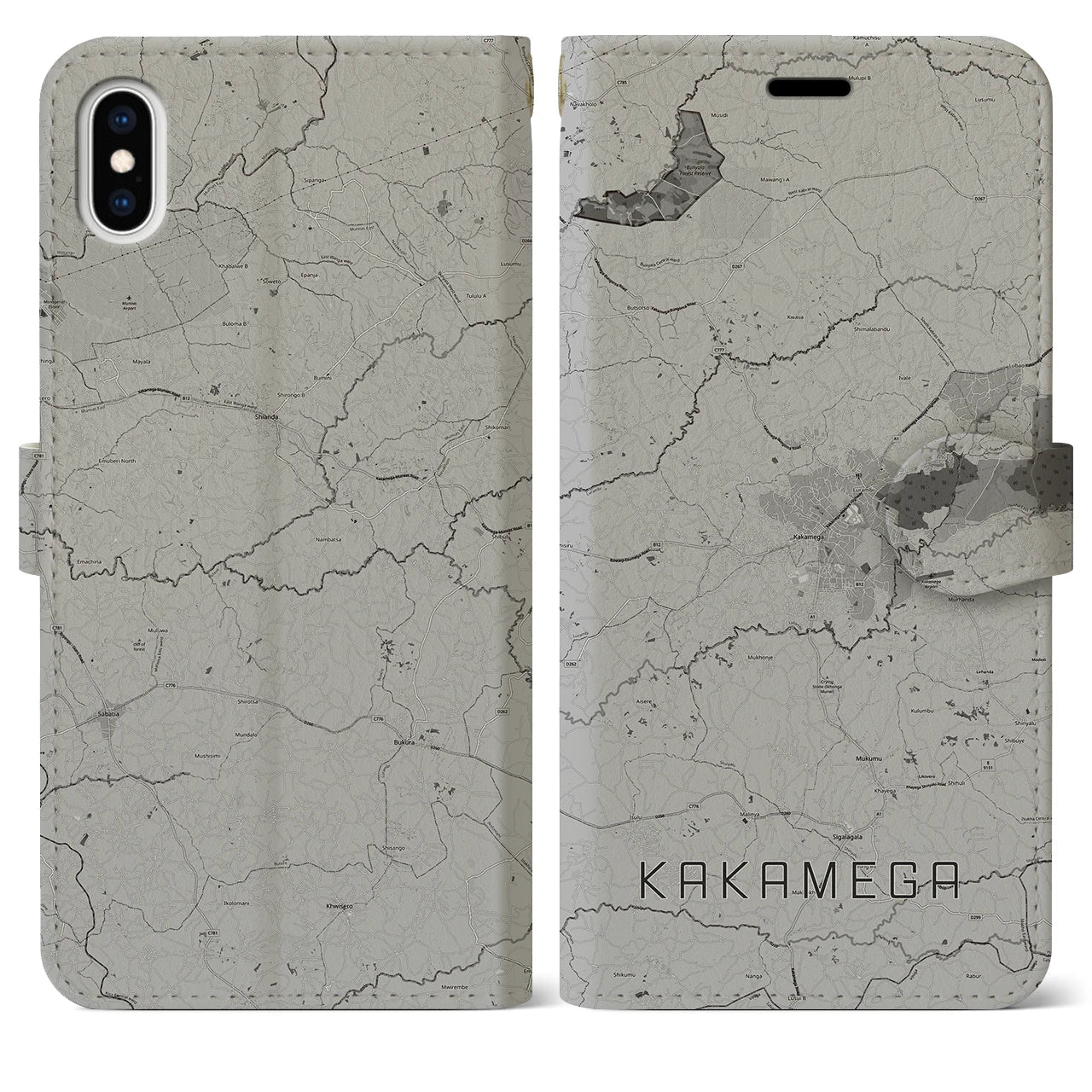 【カカメガ(ケニア)】地図柄iPhoneケース(手帳タイプ)モノトーン・iPhone XS Max 用