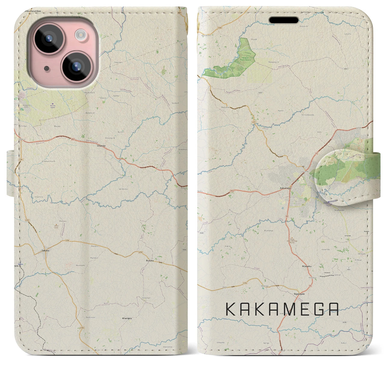 【カカメガ(ケニア)】地図柄iPhoneケース(手帳タイプ)ナチュラル・iPhone 15 Plus 用