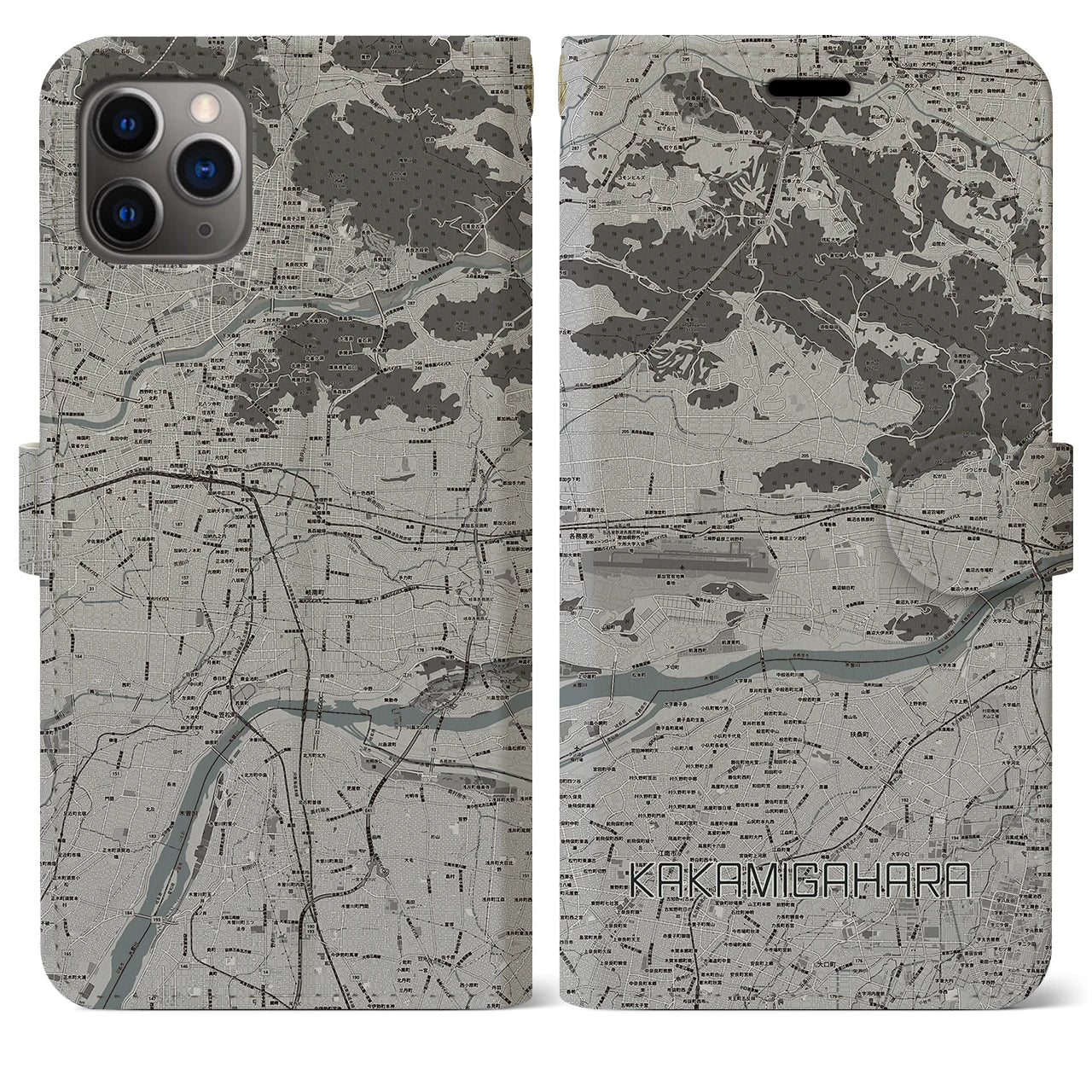 【各務原(岐阜県)】地図柄iPhoneケース(手帳タイプ)モノトーン・iPhone 11 Pro Max 用