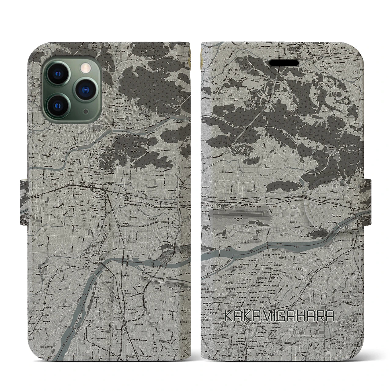 【各務原(岐阜県)】地図柄iPhoneケース(手帳タイプ)モノトーン・iPhone 11 Pro 用