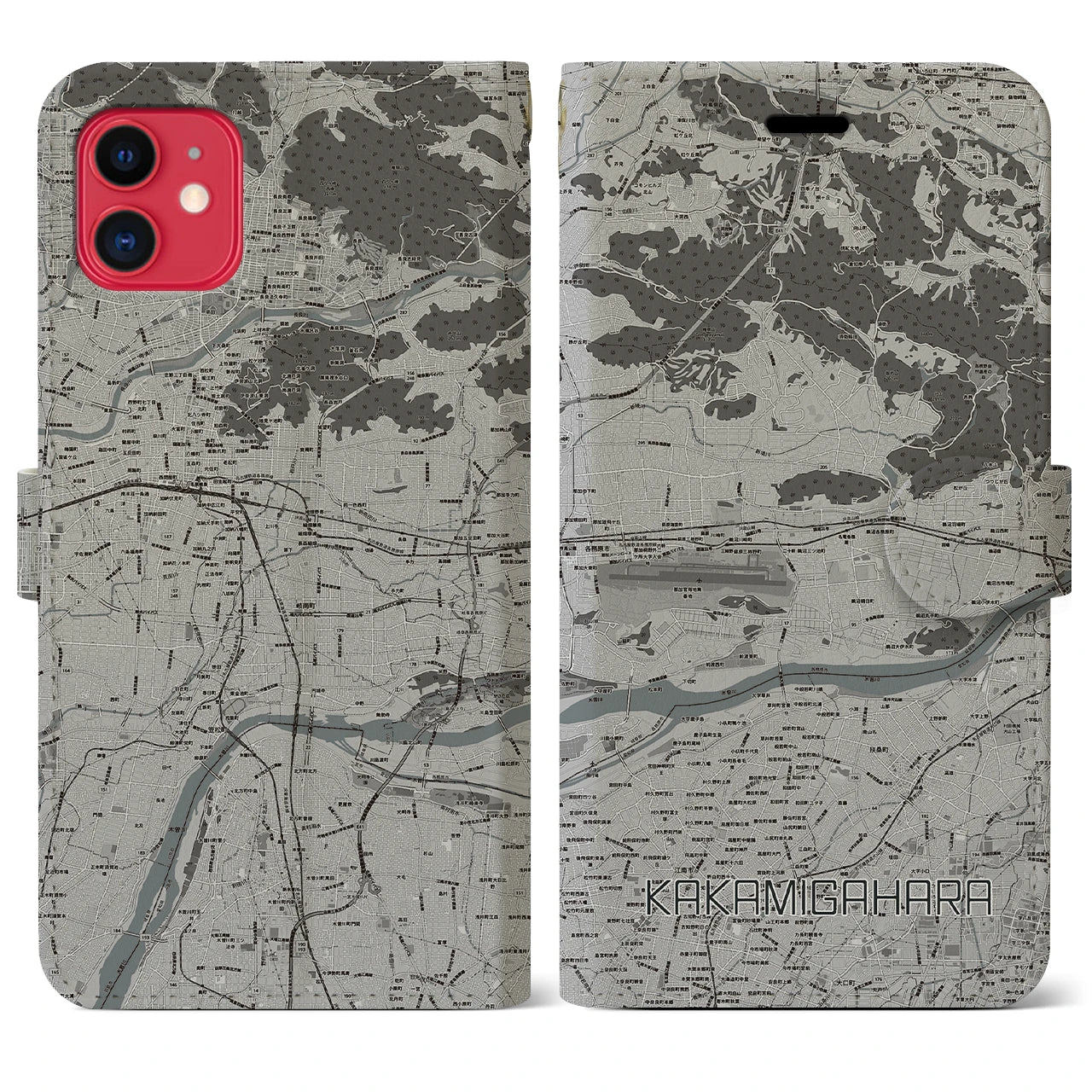【各務原(岐阜県)】地図柄iPhoneケース(手帳タイプ)モノトーン・iPhone 11 用