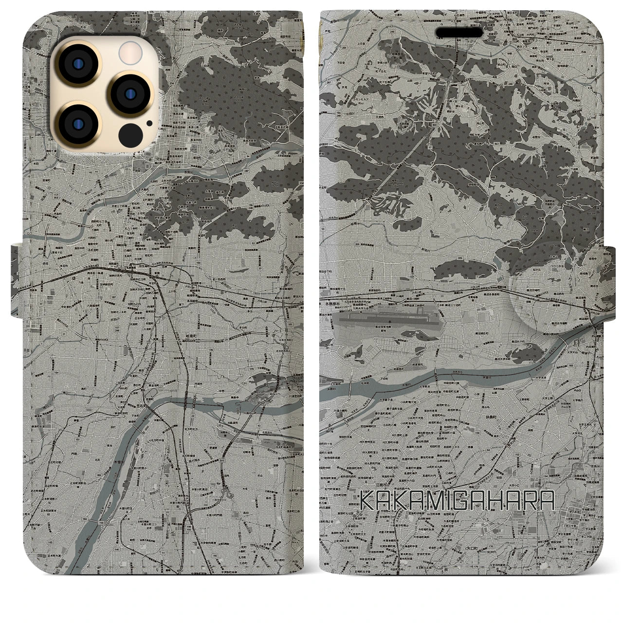 【各務原(岐阜県)】地図柄iPhoneケース(手帳タイプ)モノトーン・iPhone 12 Pro Max 用