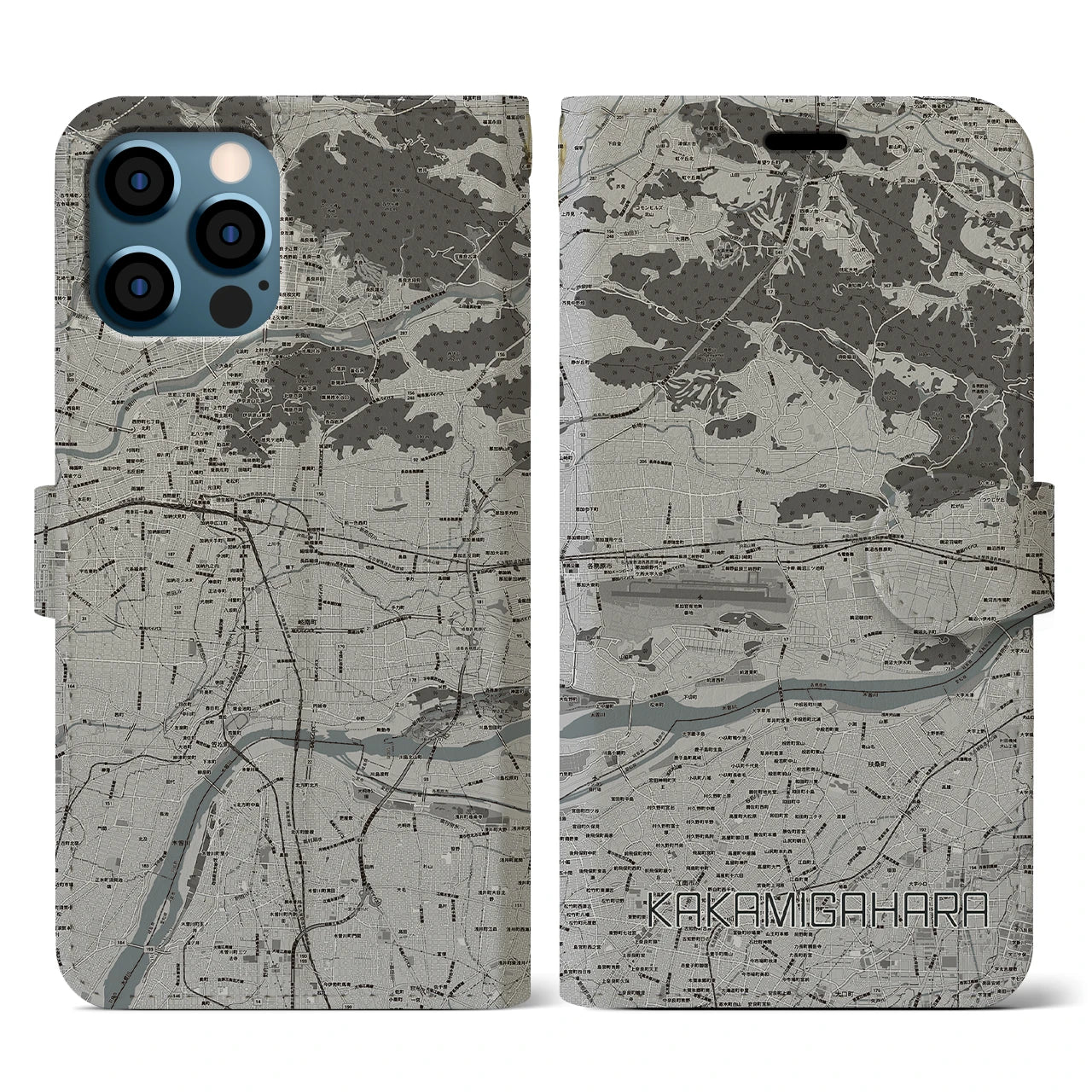 【各務原(岐阜県)】地図柄iPhoneケース(手帳タイプ)モノトーン・iPhone 12 / 12 Pro 用