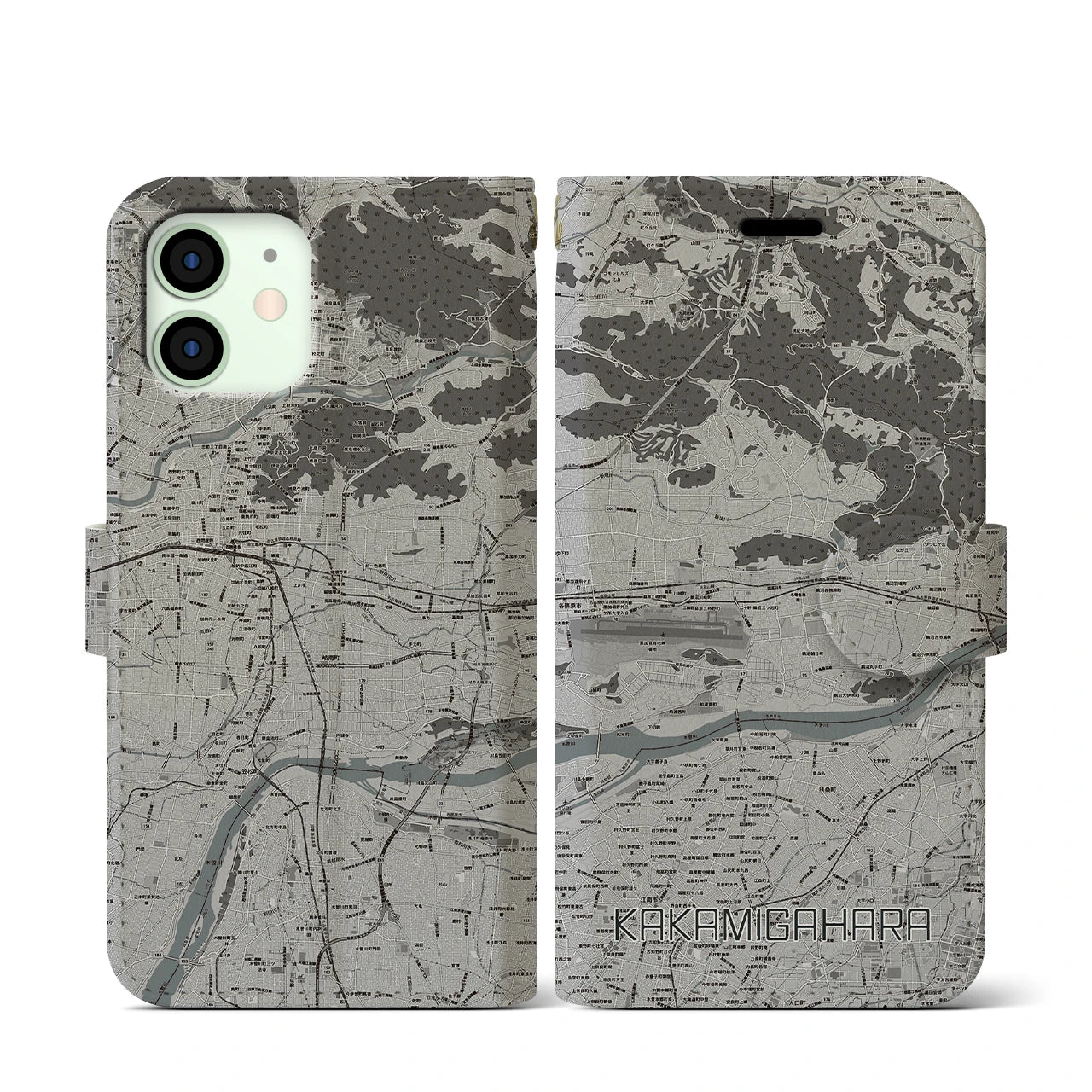 【各務原(岐阜県)】地図柄iPhoneケース(手帳タイプ)モノトーン・iPhone 12 mini 用