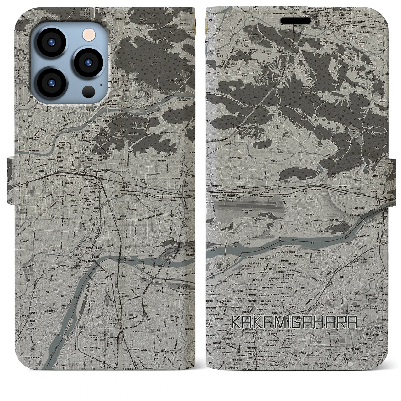 【各務原(岐阜県)】地図柄iPhoneケース(手帳タイプ)モノトーン・iPhone 13 Pro Max 用