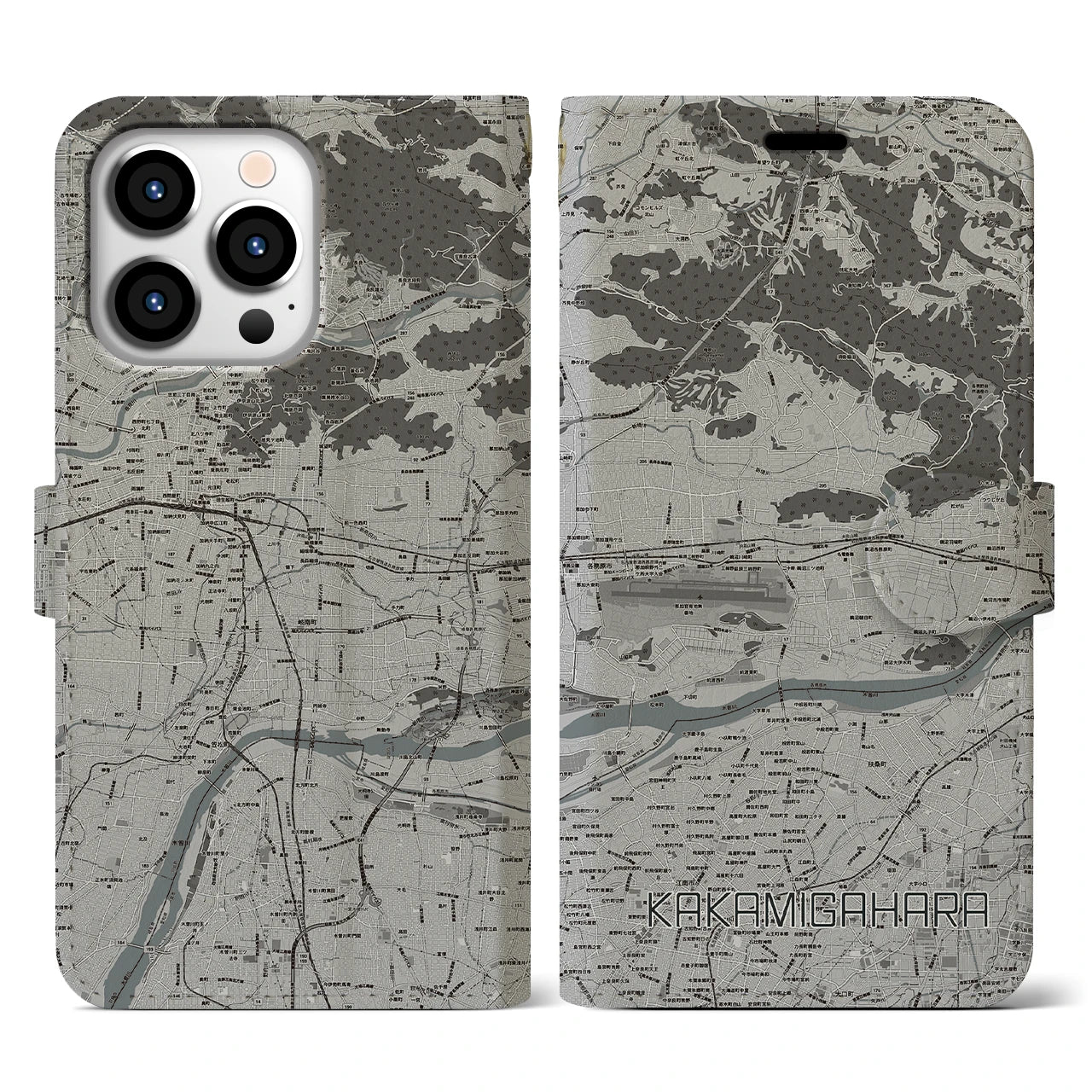 【各務原(岐阜県)】地図柄iPhoneケース(手帳タイプ)モノトーン・iPhone 13 Pro 用